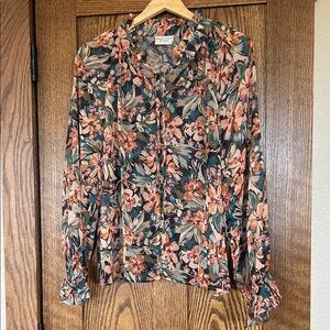 Dress Forum Floral Chiffon Blouse in Teals, Oranges, Greens, and Creams - L